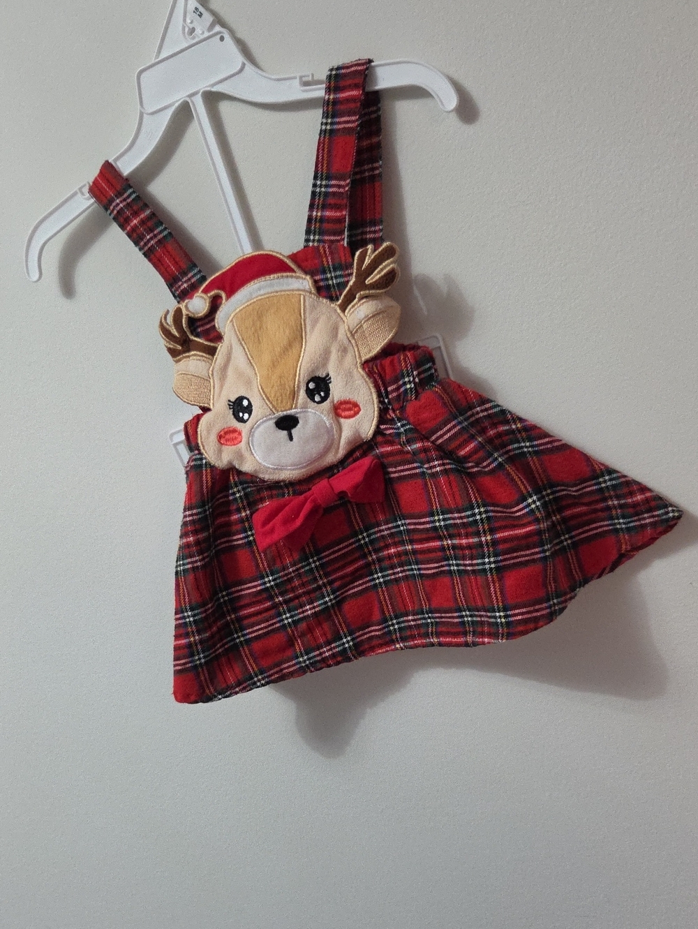 Red Plaid Kids Reindeer Pinafore Dress with Bow